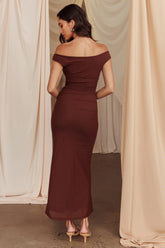 In Blooms Off Shoulder Mesh Midi Dress Brown
